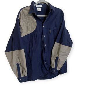 Vintage Columbia Sportswear Navy Tan Patchwork Button Up Long Sleeve Shirt Large